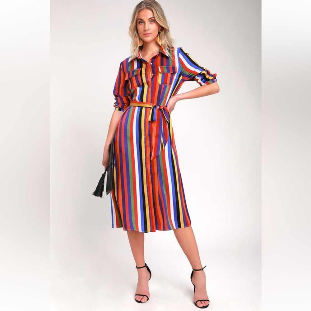 Amuse Me Rainbow Striped Long Sleeve Midi Shirt Dress from  Lulus